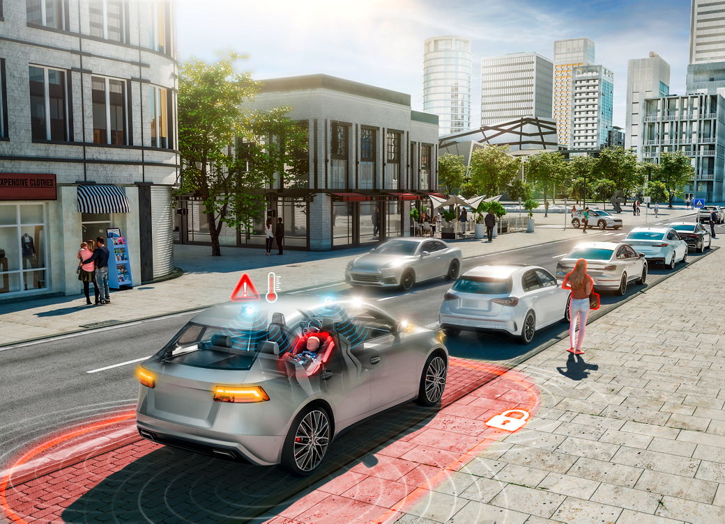 A woman stands on the sidewalk next to a parked silver car with digital waves and blue lights illustrating the vehicle's sensor or smart key technology. Nearby, there is a tree and benches along the paved street.
